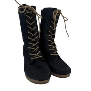Julio de Mucha Navy Nubuck Lace-Up Wedge Boots Side Zip EU36 US5.5–6